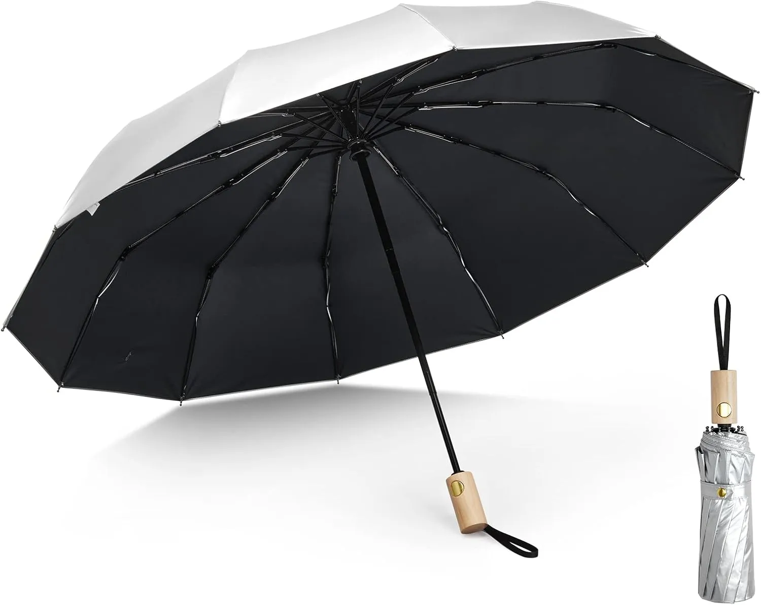 G4Free 46 Inch UPF 50  UV Protection Large Travel Umbrella with Wooden Handle, 12 Fibreglass Ribs Super Windproof Sun Blocking Folding Umbrella Auto Open Close