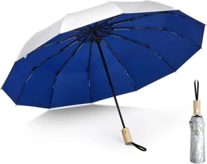 G4Free 46 Inch UPF 50  UV Protection Large Travel Umbrella with Wooden Handle, 12 Fibreglass Ribs Super Windproof Sun Blocking Folding Umbrella Auto Open Close