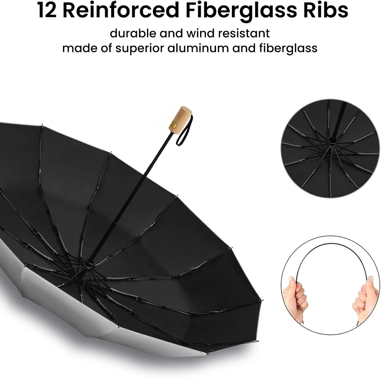 G4Free 46 Inch UPF 50  UV Protection Large Travel Umbrella with Wooden Handle, 12 Fibreglass Ribs Super Windproof Sun Blocking Folding Umbrella Auto Open Close