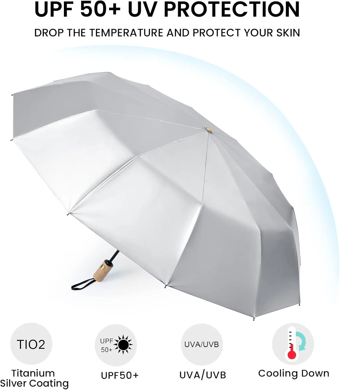 G4Free 46 Inch UPF 50  UV Protection Large Travel Umbrella with Wooden Handle, 12 Fibreglass Ribs Super Windproof Sun Blocking Folding Umbrella Auto Open Close