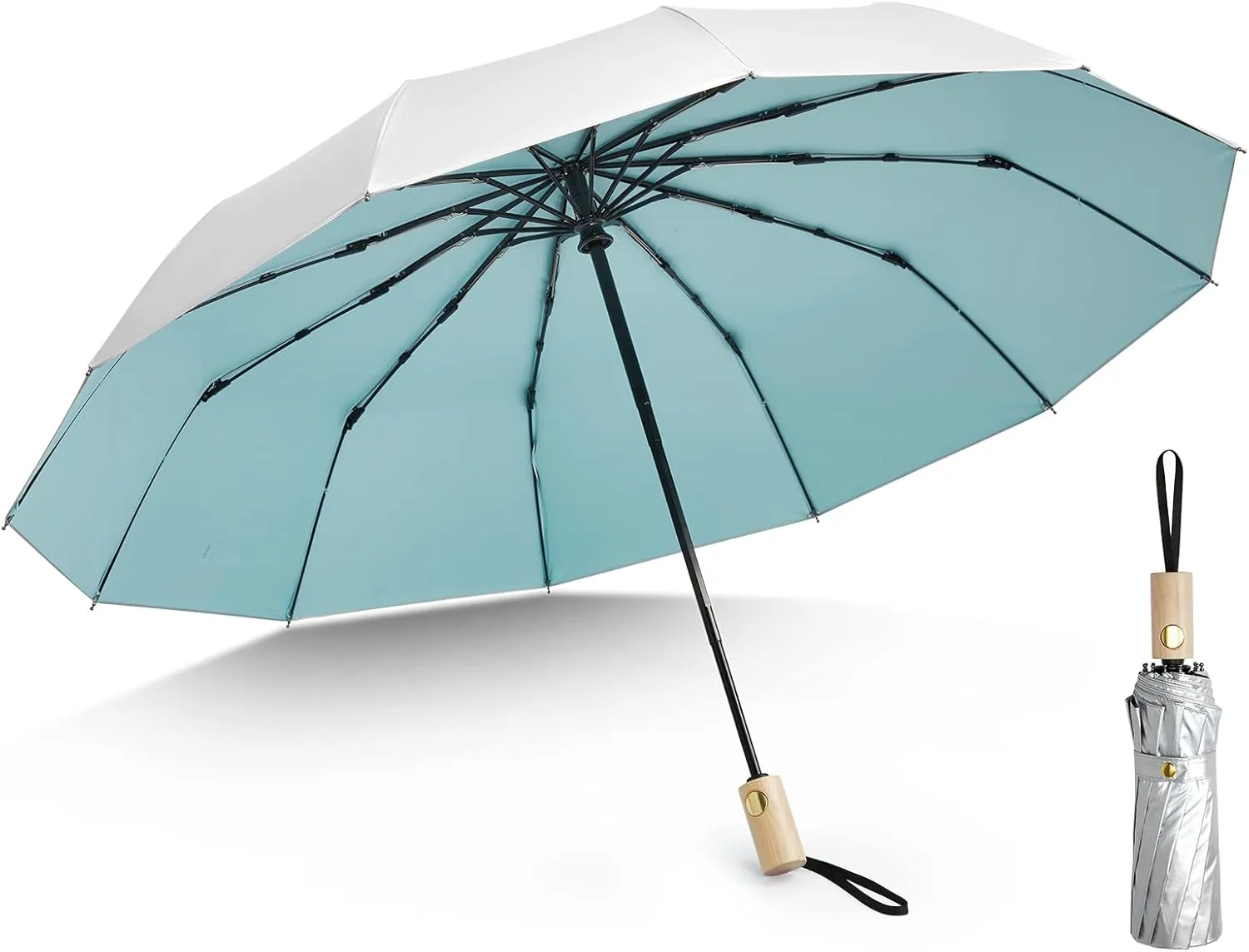 G4Free 46 Inch UPF 50  UV Protection Large Travel Umbrella with Wooden Handle, 12 Fibreglass Ribs Super Windproof Sun Blocking Folding Umbrella Auto Open Close