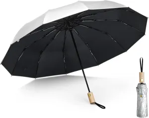 G4Free 46 Inch UPF 50  UV Protection Large Travel Umbrella with Wooden Handle, 12 Fibreglass Ribs Super Windproof Sun Blocking Folding Umbrella Auto Open Close