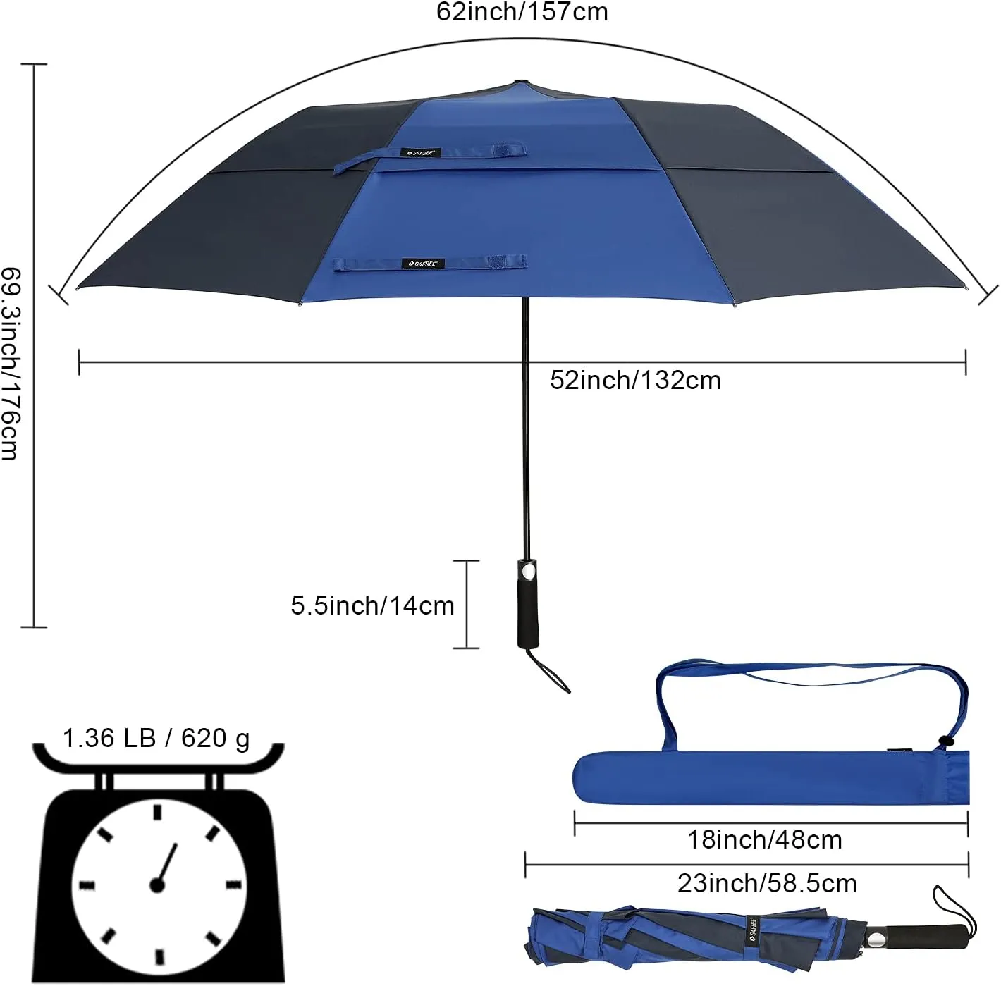 G4Free 62inch Portable Golf Umbrella Automatic Open Large Oversize Vented Double Canopy Windproof Waterproof Sport Umbrellas(Blue/Navy)