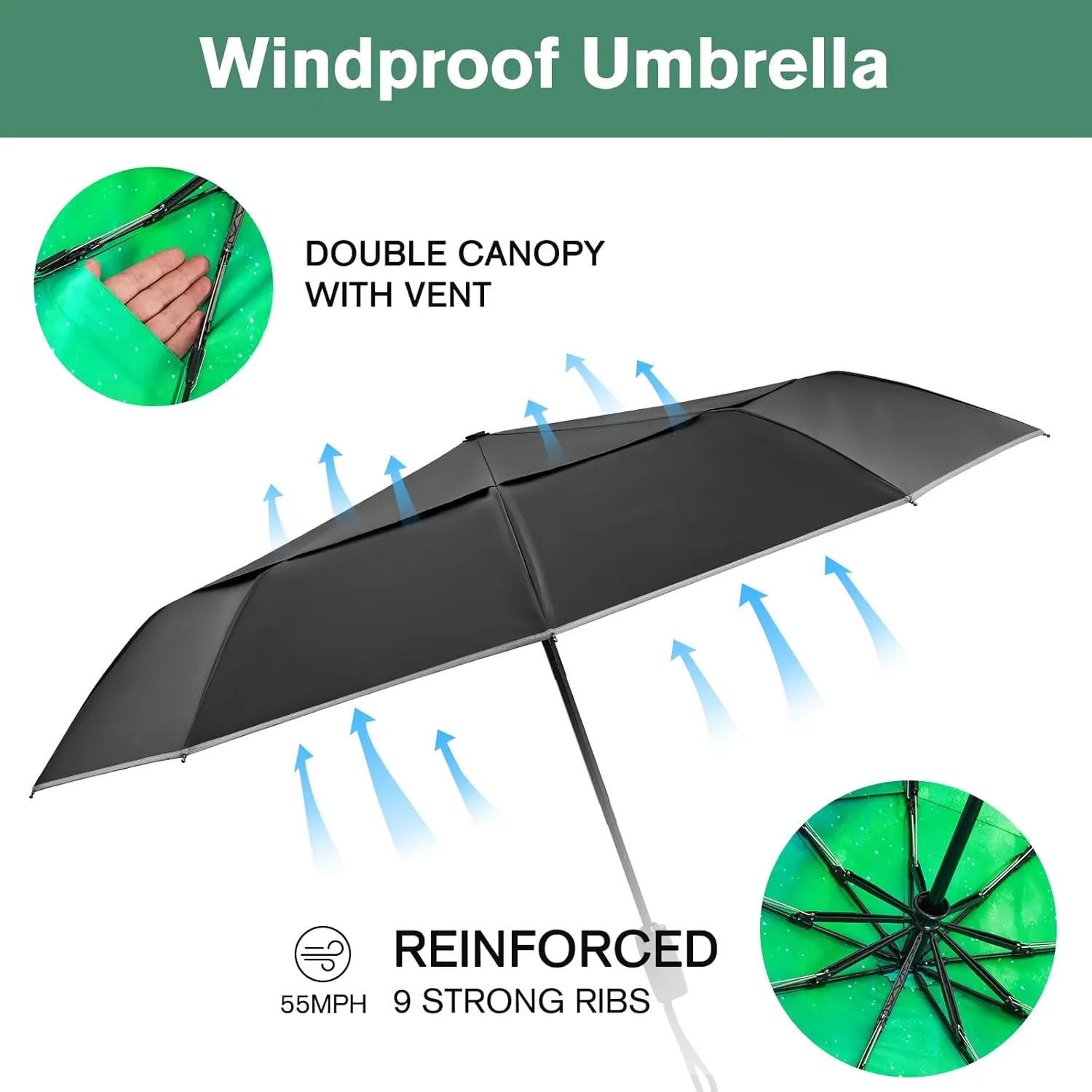 G4Free Eco Windproof Travel Umbrella for Rain & Sun, Strongest Fiberglass Frame, Double Canopy with Reflective Strip, Auto Open Close Folding Umbrella For Car, Backpack, Purse
