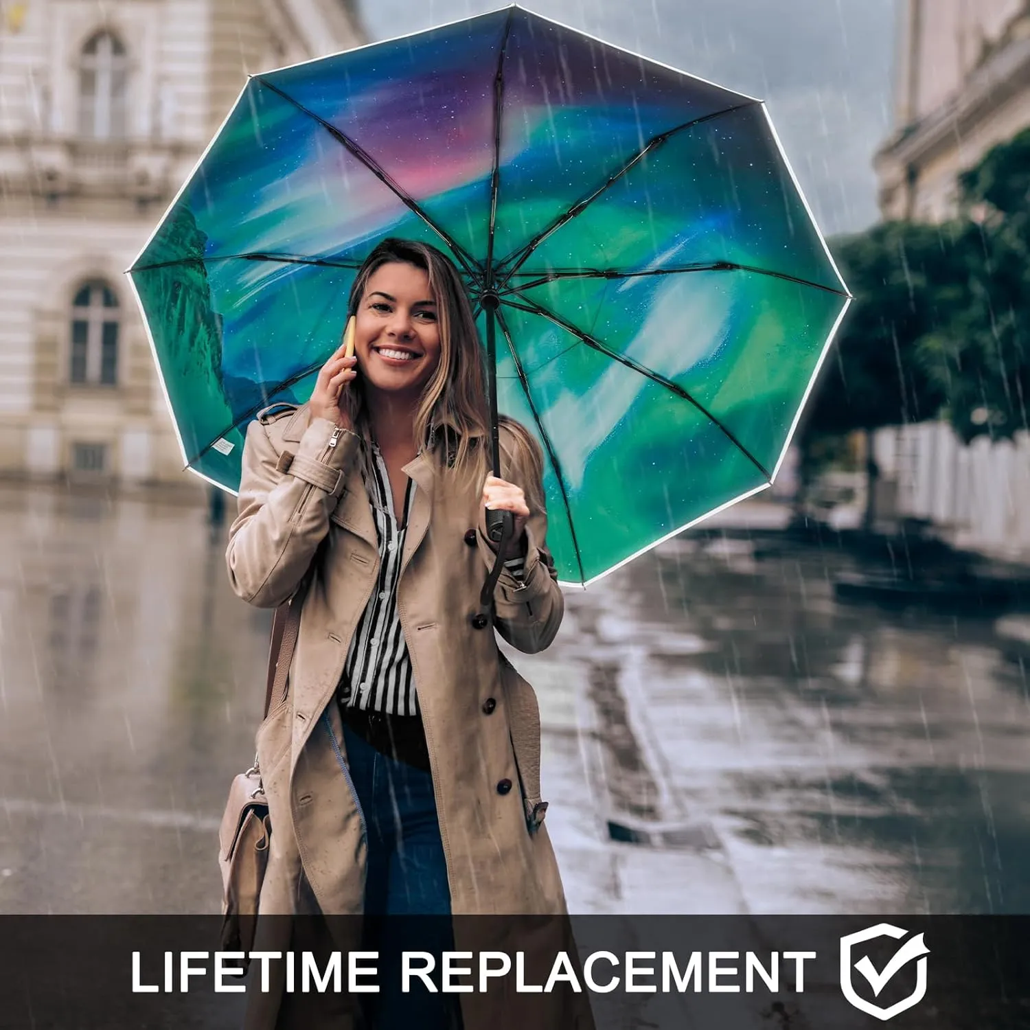G4Free Eco Windproof Travel Umbrella for Rain & Sun, Strongest Fiberglass Frame, Double Canopy with Reflective Strip, Auto Open Close Folding Umbrella For Car, Backpack, Purse