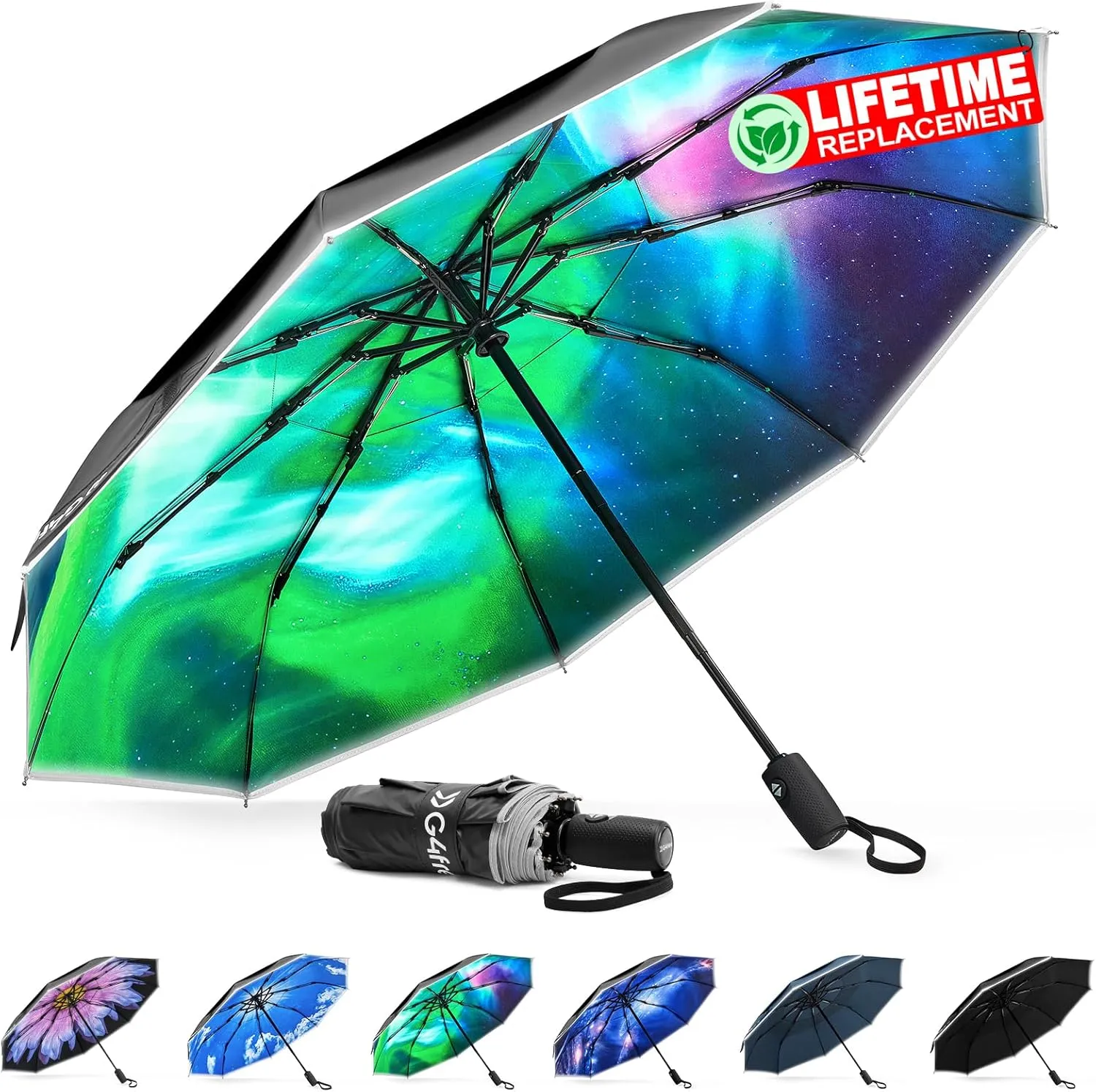 G4Free Eco Windproof Travel Umbrella for Rain & Sun, Strongest Fiberglass Frame, Double Canopy with Reflective Strip, Auto Open Close Folding Umbrella For Car, Backpack, Purse