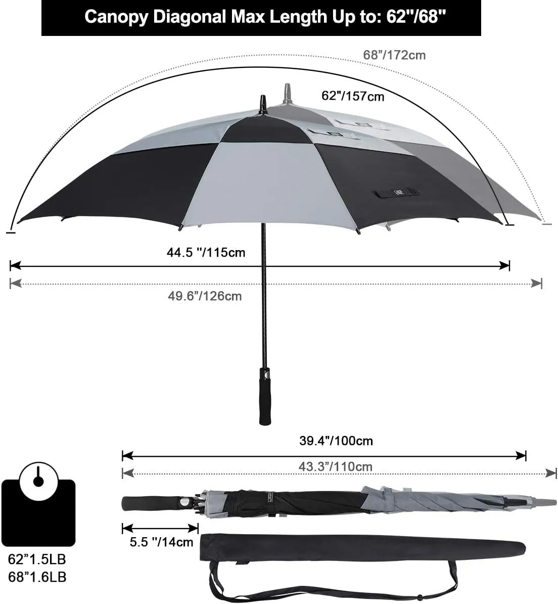 G4Free Extra Large Golf Umbrella 62/68 inch Square Vented Windproof Auto Open Double Canopy Oversized Stick Umbrella