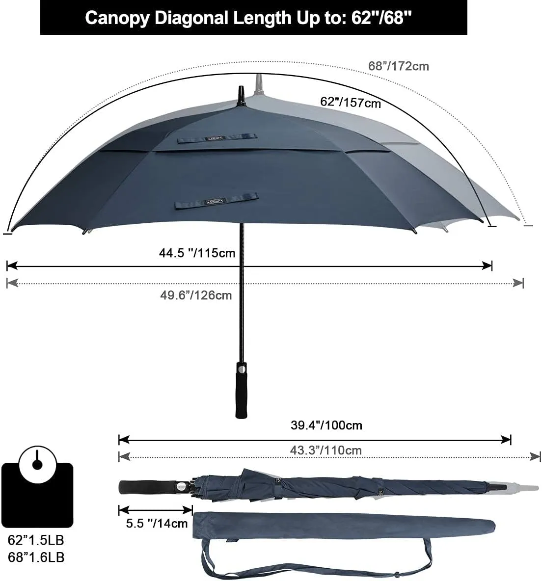 G4Free Extra Large Golf Umbrella 62/68 inch Square Vented Windproof Auto Open Double Canopy Oversized Stick Umbrella