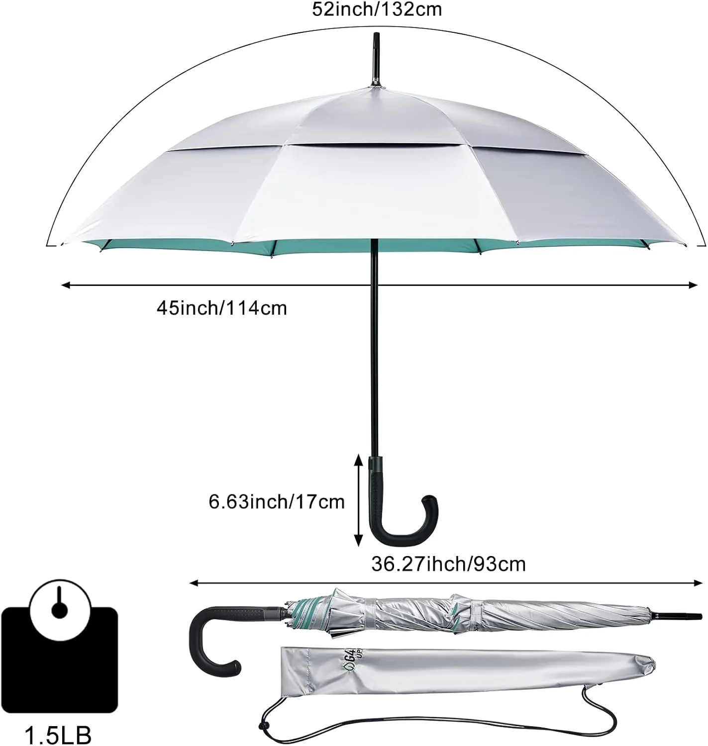 G4Free UPF 50  52 Inch UV Protection Umbrella, Automatic Open Hook Handle J Stick Golf Umbrellas for Rain, Sun & Wind Protection