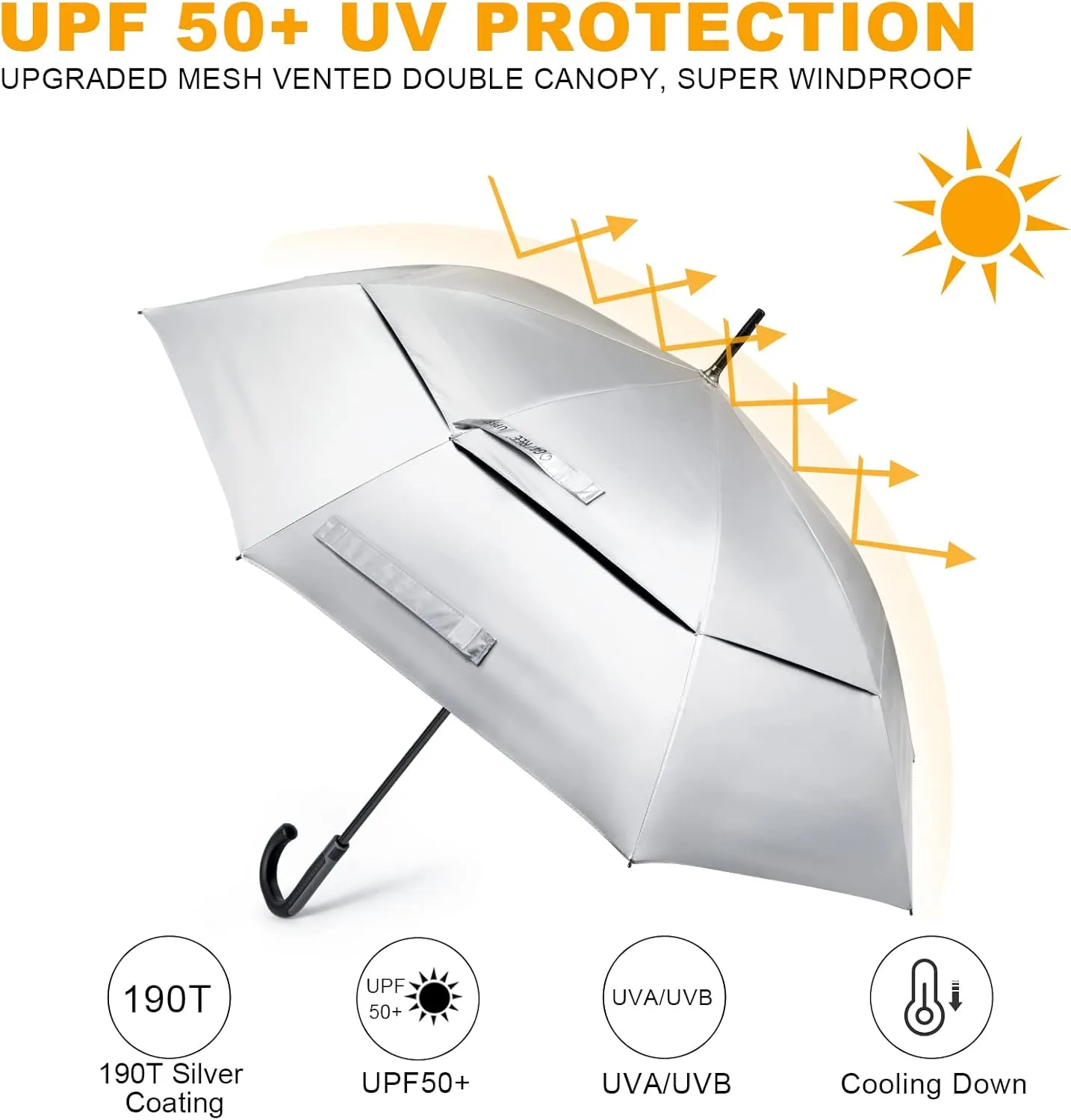 G4Free UPF 50  52 Inch UV Protection Umbrella, Automatic Open Hook Handle J Stick Golf Umbrellas for Rain, Sun & Wind Protection(Silver/Black)