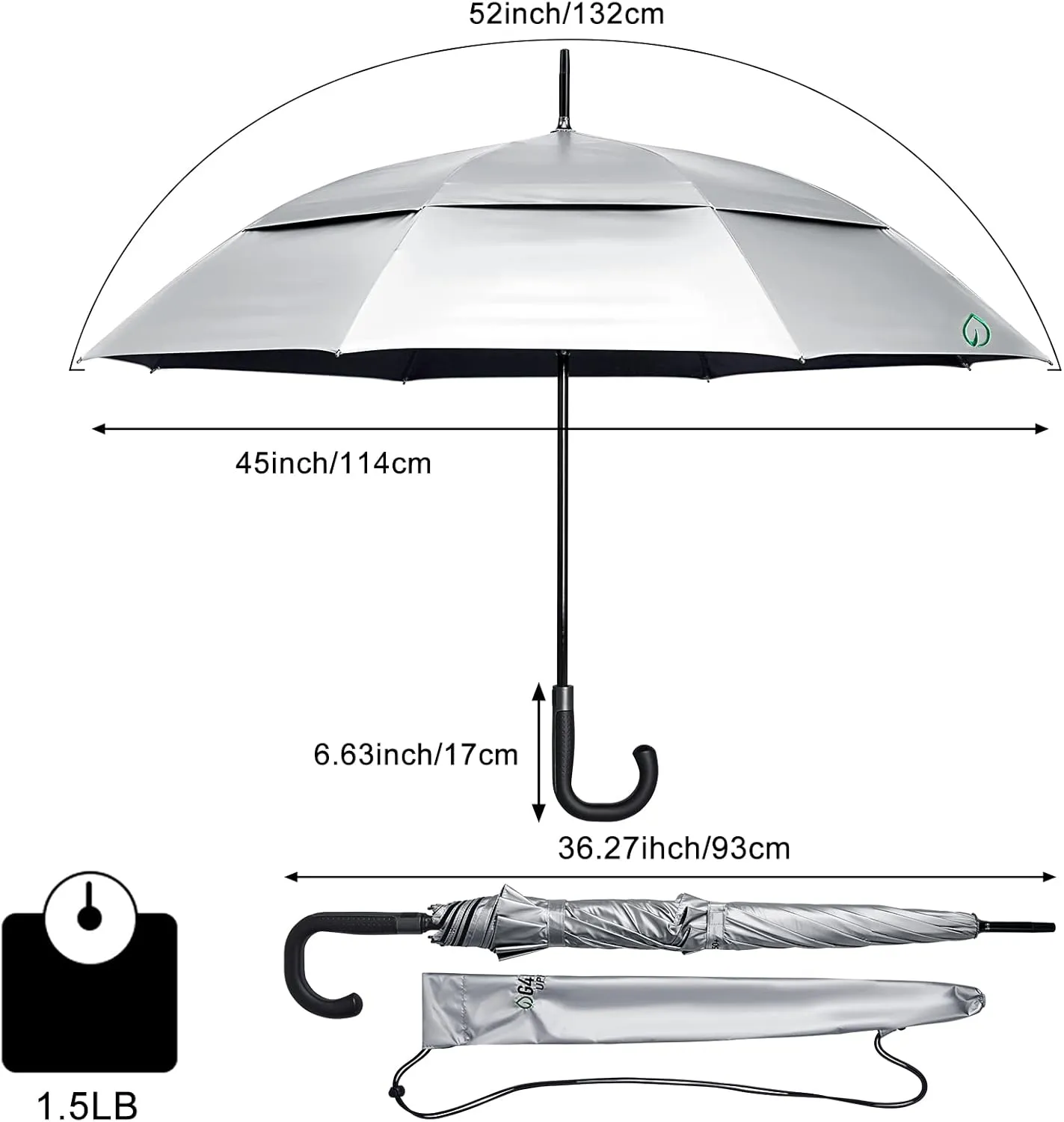 G4Free UPF 50  52 Inch UV Protection Umbrella, Automatic Open Hook Handle J Stick Golf Umbrellas for Rain, Sun & Wind Protection(Silver/Black)