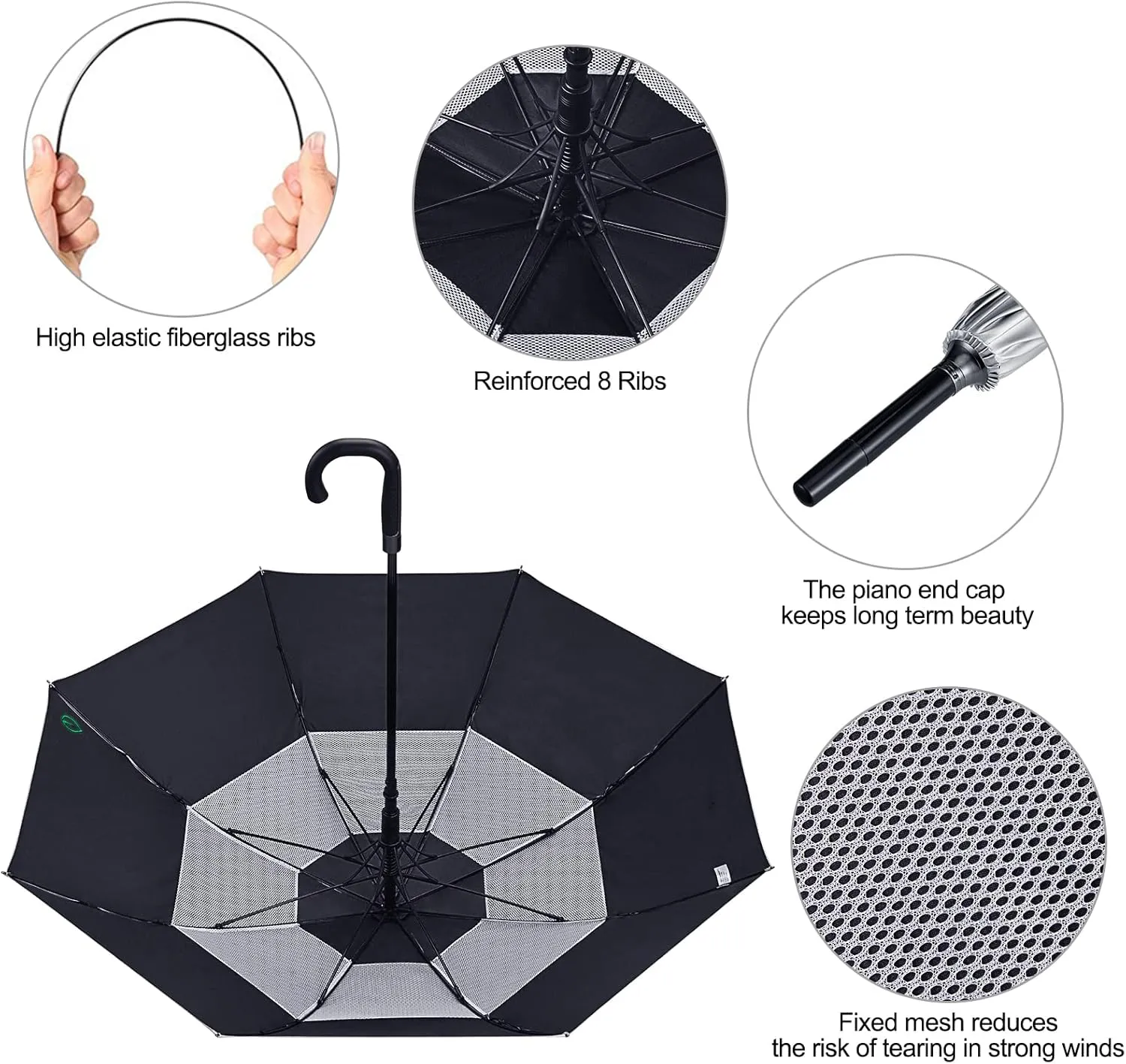 G4Free UPF 50  52 Inch UV Protection Umbrella, Automatic Open Hook Handle J Stick Golf Umbrellas for Rain, Sun & Wind Protection(Silver/Black)