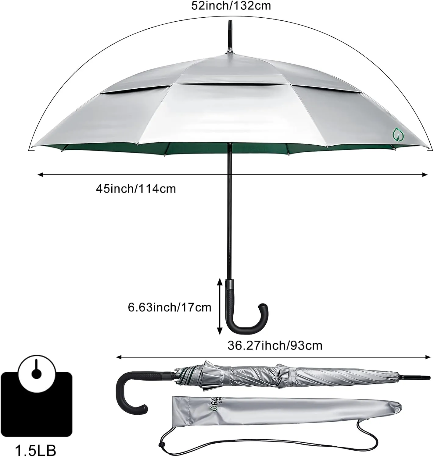 G4Free UPF 50  52 Inch UV Protection Umbrella, Automatic Open Hook Handle J Stick Golf Umbrellas for Rain, Sun & Wind Protection(Silver/Green)
