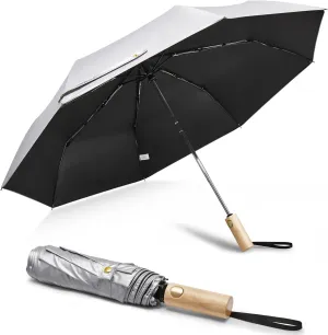 G4Free Windproof Travel Umbrella with Large Wooden Handle, UV Sun Protection & Rain Umbrella Automatic Open And Close, Compact 46" Large Canopy with UPF 50 , Lightweight Portable for Walking & Outdoor
