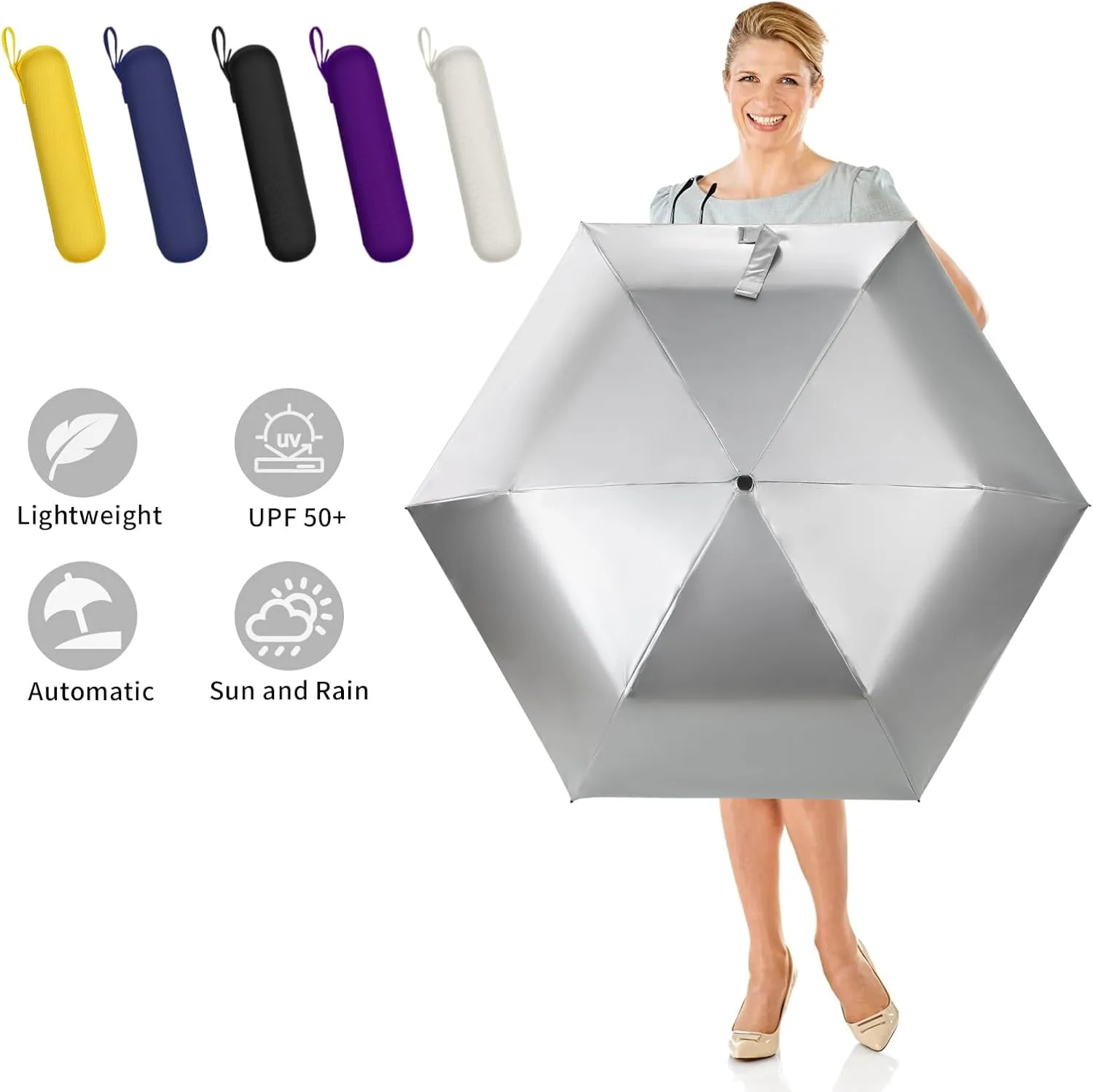 GAOYAING Compact Automatic Travel Umbrella with Case, Mini Small Folding Sun UV, Pocket Purse Umbrella