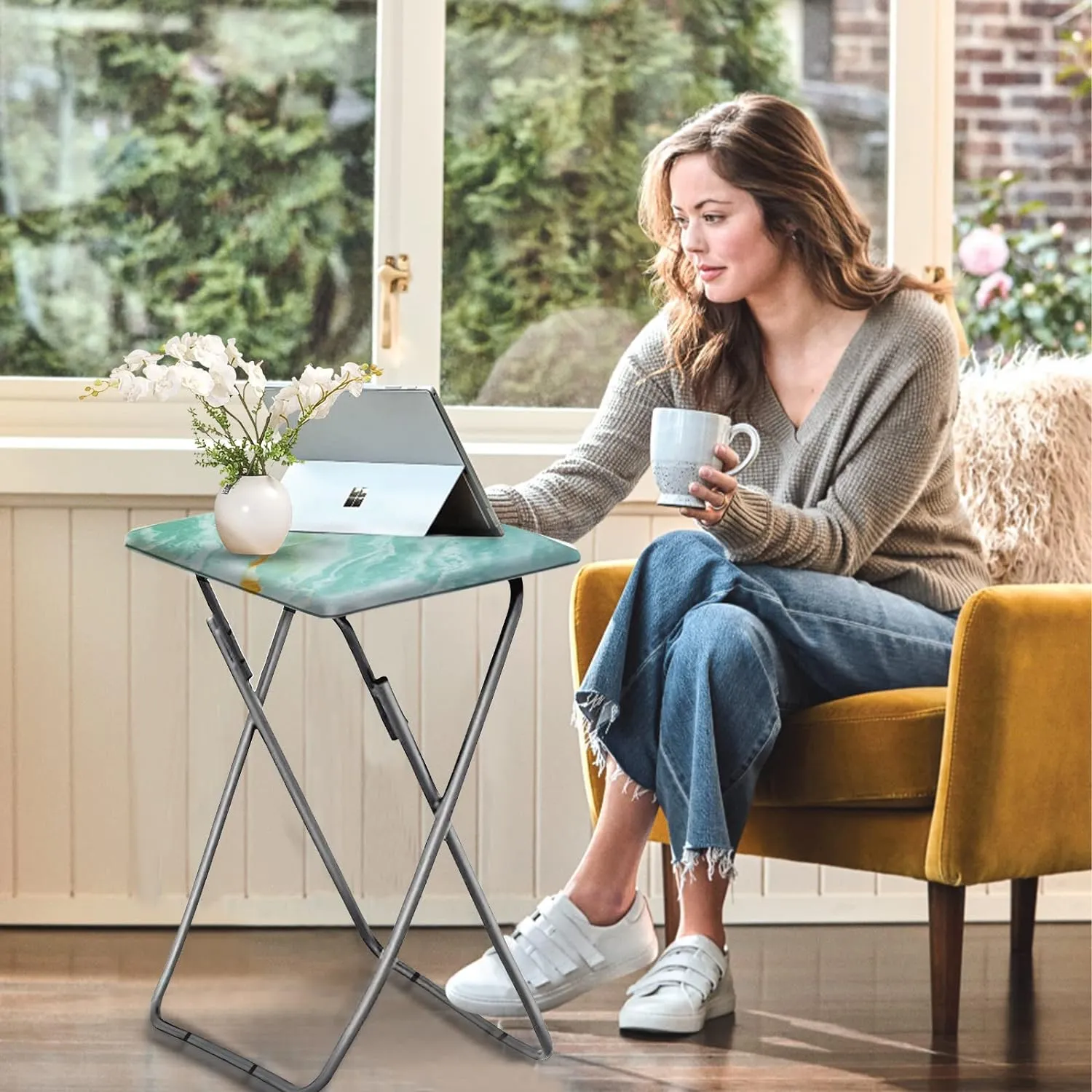 Garden 4 you Folding TV Tray Table TV Dinner Table with Sturdy MDF Top,Eating Trays for Living Room with No Assembly Required 15 x 18.9 x 26 in(Sea Blue,1PC)