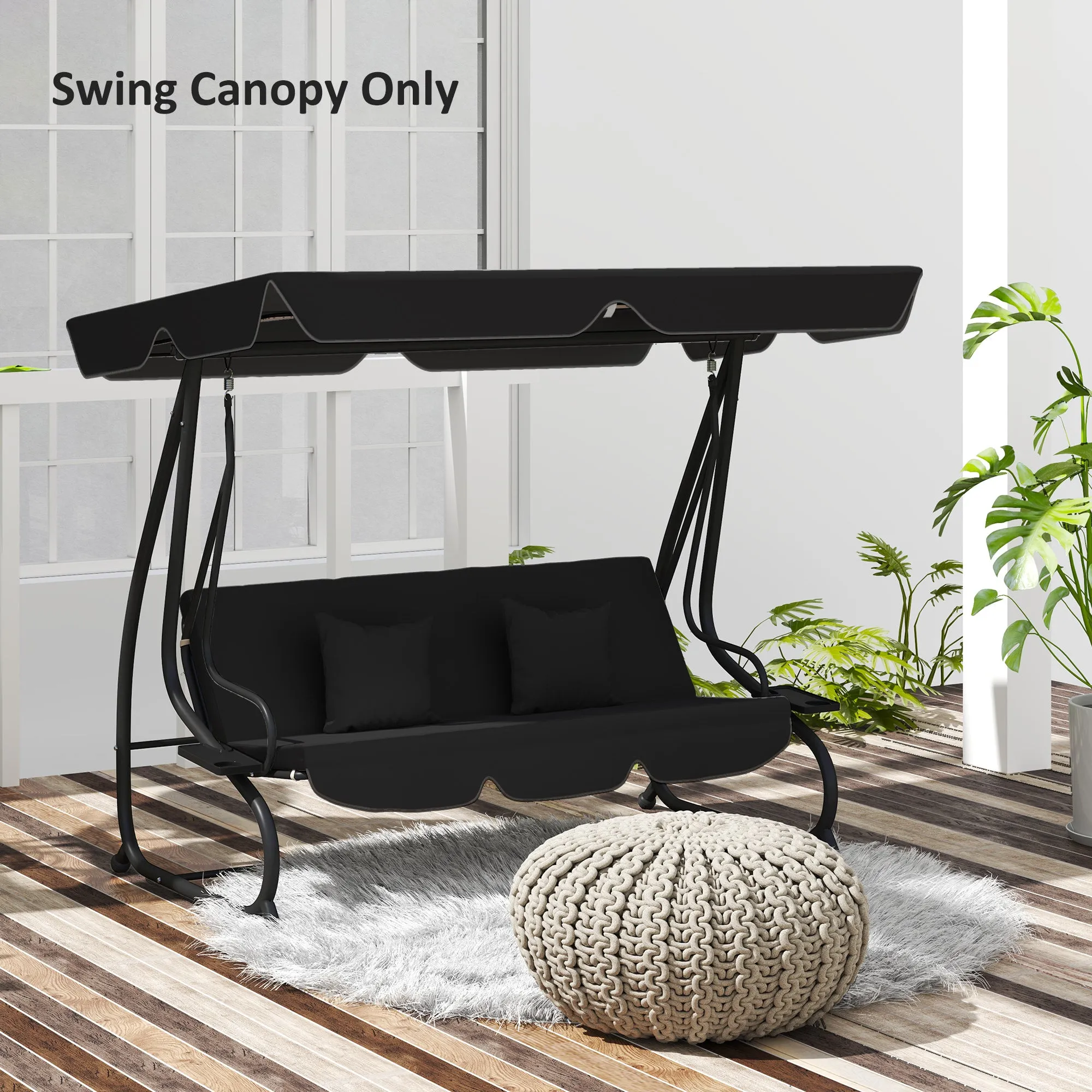 Garden Swing Canopy Replacement 3 Seater, Waterproof Garden Swing Seat Canopy Cover, Windproof Anti-UV Sun Shade (Canopy Only) for Patio, Balcony, Black