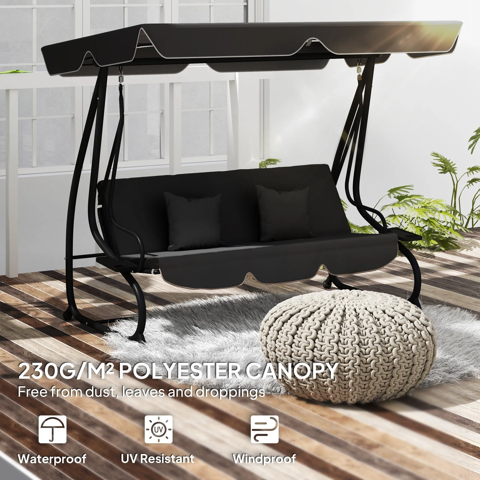 Garden Swing Canopy Replacement 3 Seater, Waterproof Garden Swing Seat Canopy Cover, Windproof Anti-UV Sun Shade (Canopy Only) for Patio, Balcony, Black