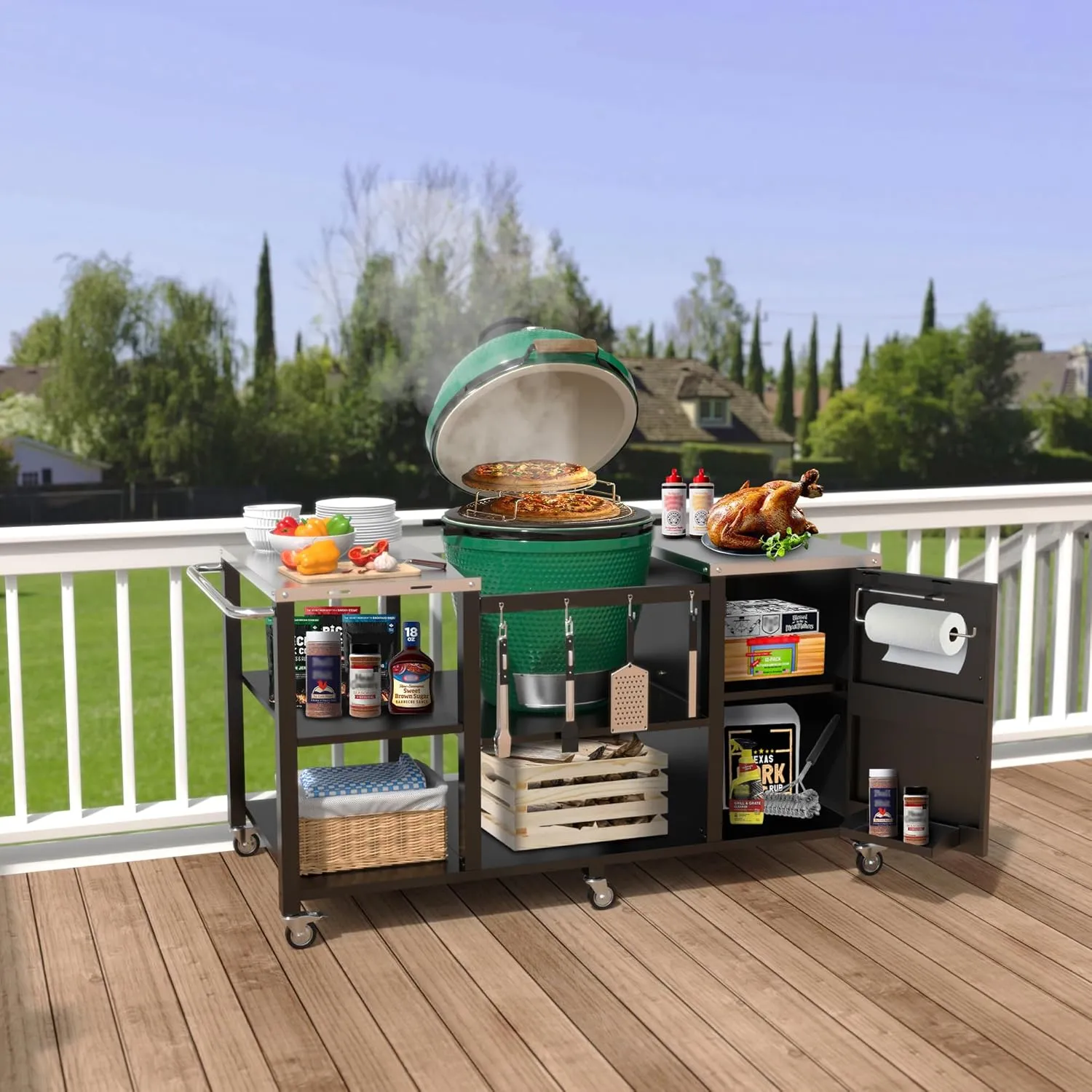 GDLF Grill Table for Big Green Egg Style BBQ, Heavy Duty Metal Outdoor Grill Station Prep Table with Storage,Compatible with Large Big Green Egg,Kamado Joe Classic