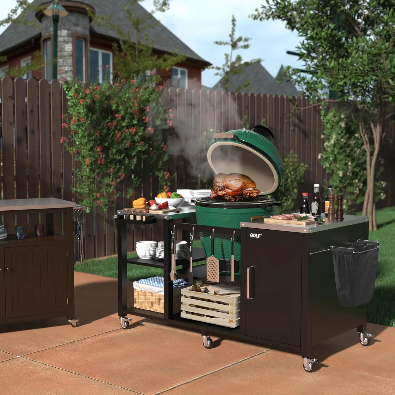 GDLF Grill Table for Big Green Egg Style BBQ, Heavy Duty Metal Outdoor Grill Station Prep Table with Storage,Compatible with Large Big Green Egg,Kamado Joe Classic