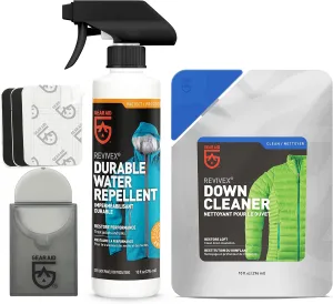 GEAR AID Revivex Down Care Kit for Jackets, Vests, Blankets, and Sleeping Bags, with Down Cleaner to Restore Loft, Water Repellent and Tenacious Tape Mini Repair Patches to Fix Holes