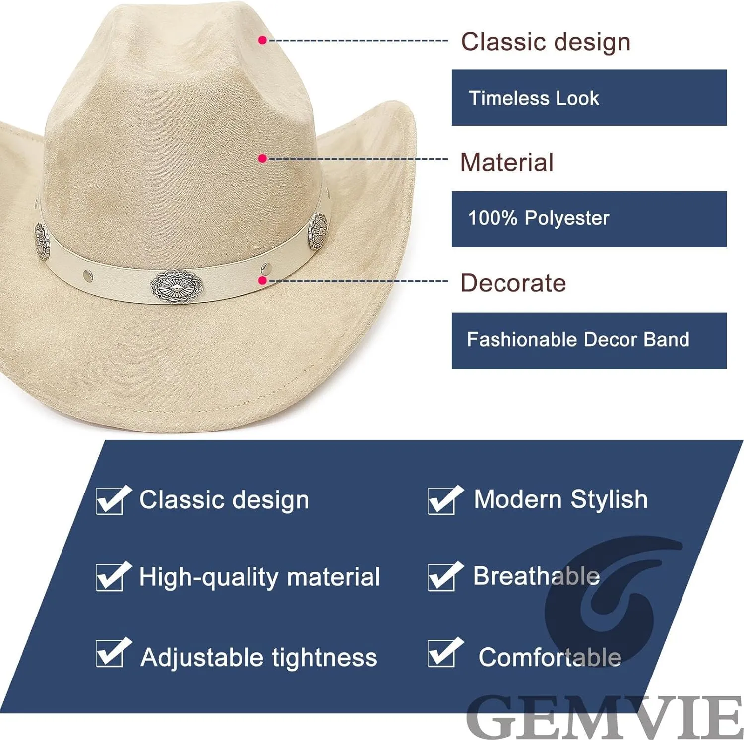 GEMVIE Suede Cowboy Hat for Men Women Roll up Brim Cowgirl Hat Classic Country Cowboy Hat