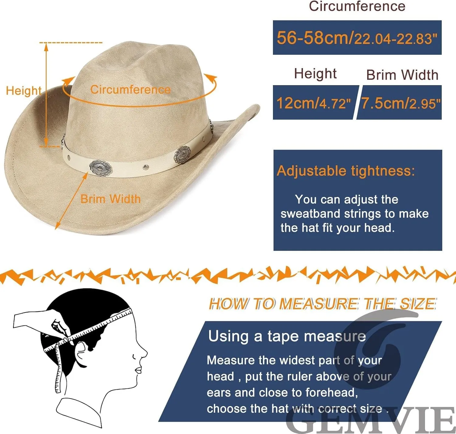 GEMVIE Suede Cowboy Hat for Men Women Roll up Brim Cowgirl Hat Classic Country Cowboy Hat