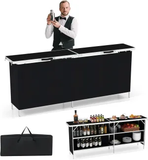 Giantex 81" Extra Long Portable Bar Table with 2-Tier Storage Shelves, Folding Mobile Bartending Station with Removable Skirt, Carry Case, for Events, Parties, Trade Shows (Black, 81''L x 32.5''H)