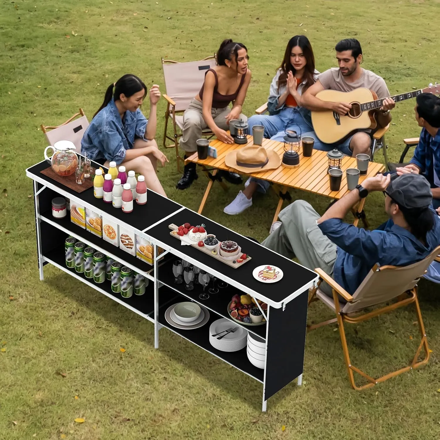Giantex 81" Extra Long Portable Bar Table with 2-Tier Storage Shelves, Folding Mobile Bartending Station with Removable Skirt, Carry Case, for Events, Parties, Trade Shows (Black, 81''L x 32.5''H)