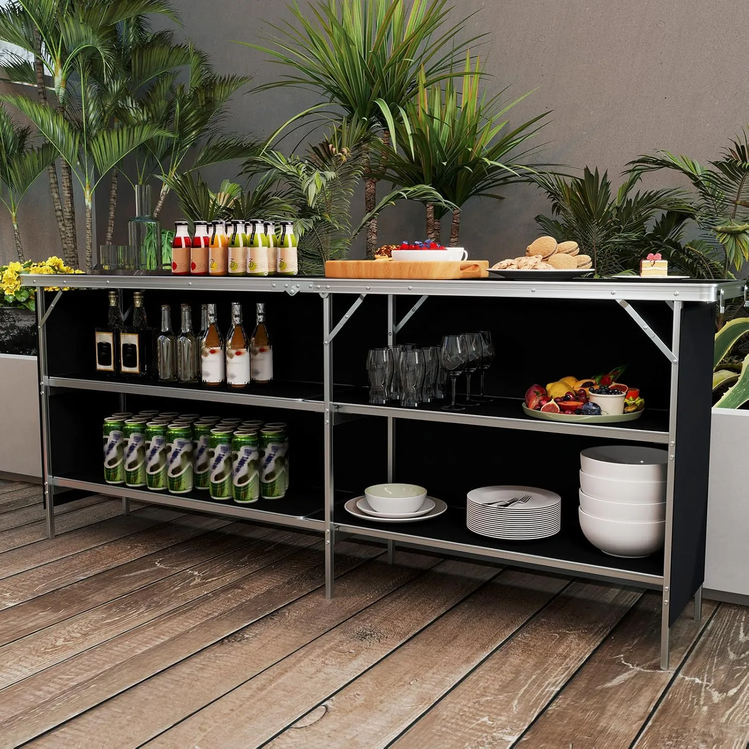 Giantex 81" Extra Long Portable Bar Table with 2-Tier Storage Shelves, Folding Mobile Bartending Station with Removable Skirt, Carry Case, for Events, Parties, Trade Shows (Black, 81''L x 32.5''H)