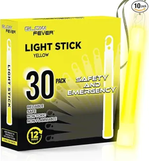 Glow Fever Emergency Safety Military Grade Glow Sticks, 30pcs 6'' Lightsticks, Light Up Ultra Bright with 12 Hours Duration. for Hiking Party Camping Blackouts Hurricane Shelter Survival Kit (Yellow)
