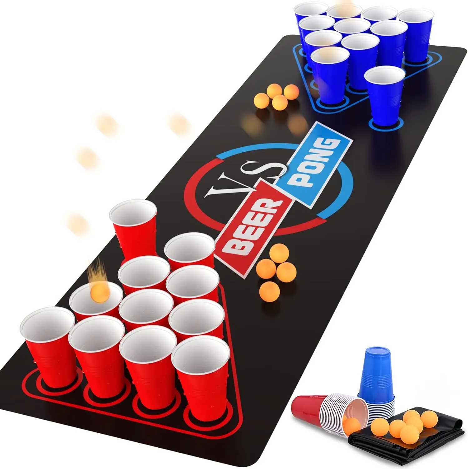 GOLDGE 63 x 23.6 inches Beer Pong Table Mat, Drinking Games for Adults Party, 8pcs Beer Pong Balls, 30pcs Beer Pong Cups