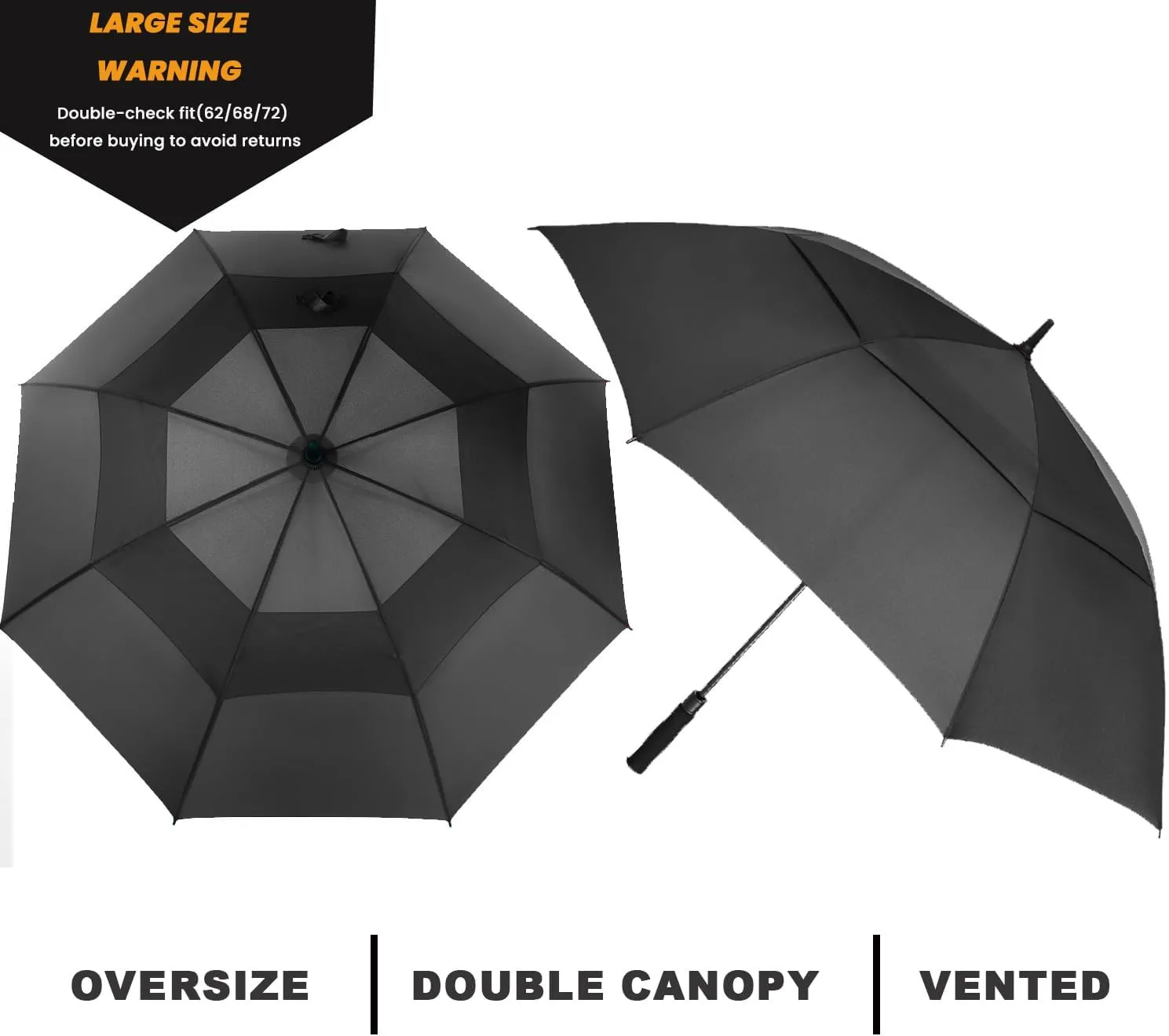 Golf Umbrella Large 62/68/72 Inch, Extra Large Oversize Double Canopy Vented Windproof Waterproof Umbrella, Automatic Open Golf Umbrella for Men and Women and Family.
