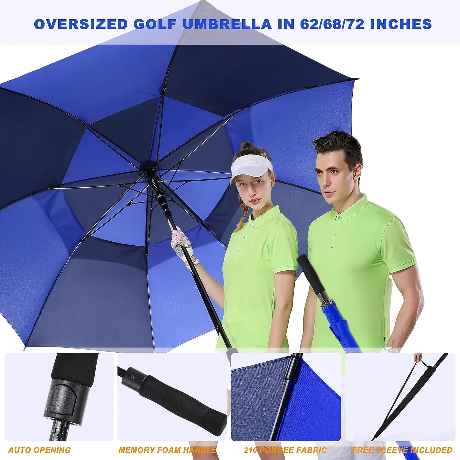 Golf Umbrella Large 62/68/72 Inch, Extra Large Oversize Double Canopy Vented Windproof Waterproof Umbrella, Automatic Open Golf Umbrella for Men and Women and Family.