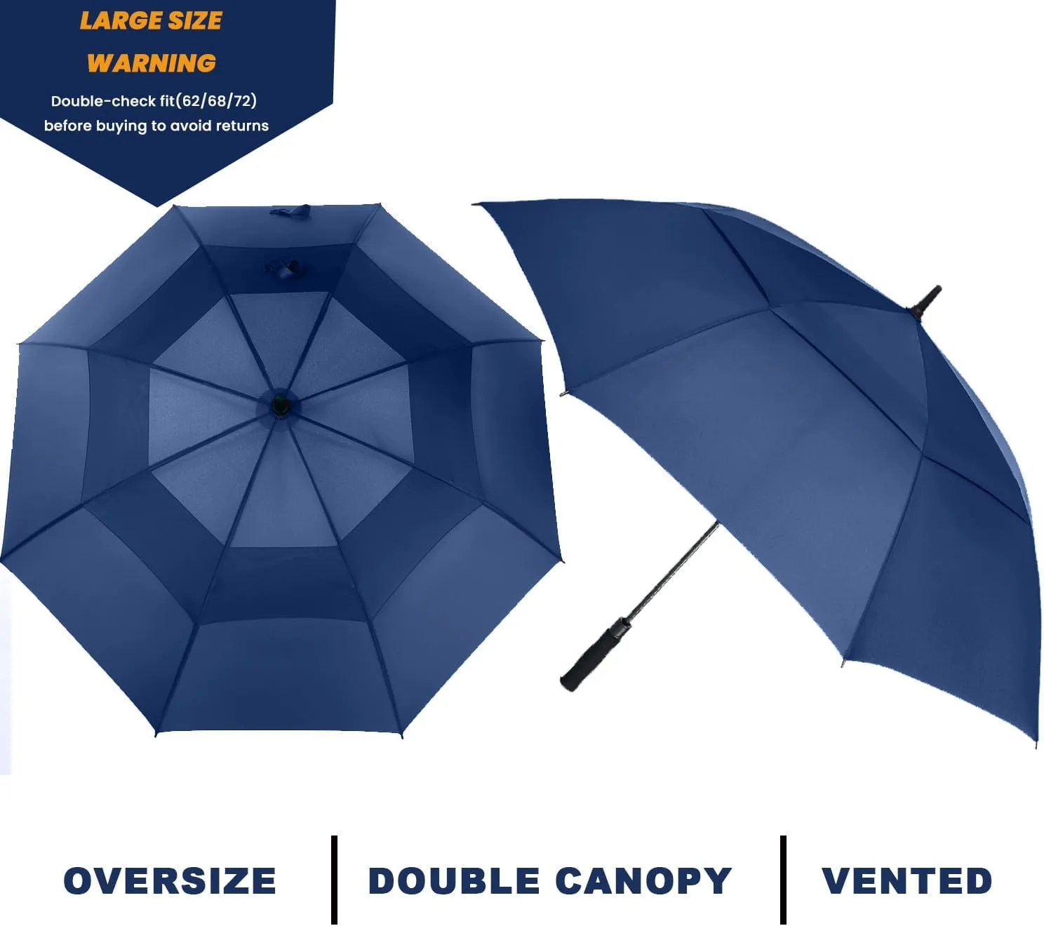 Golf Umbrella Large 62/68/72 Inch, Extra Large Oversize Double Canopy Vented Windproof Waterproof Umbrella, Automatic Open Golf Umbrella for Men and Women and Family.
