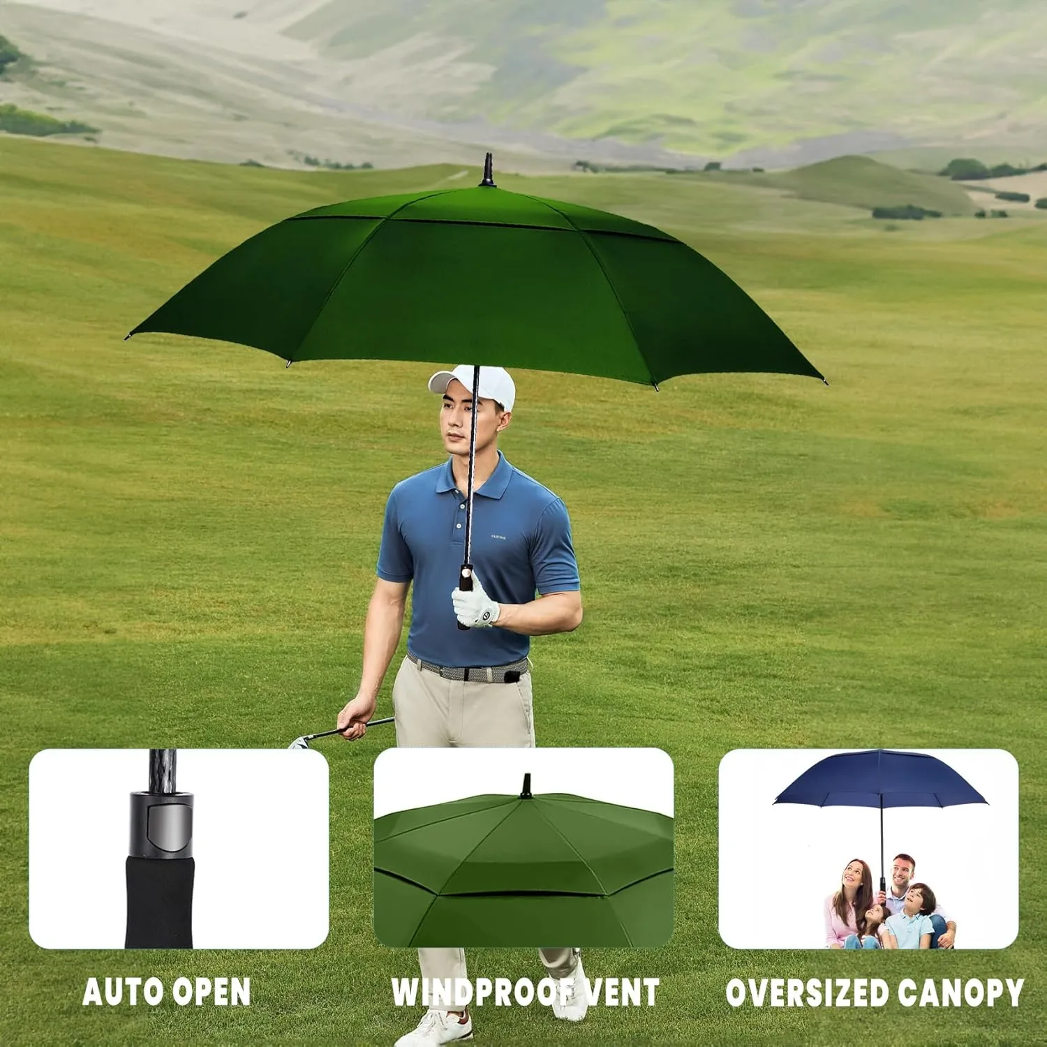 Golf Umbrella Large 62/68/72 Inch, Extra Large Oversize Double Canopy Vented Windproof Waterproof Umbrella, Automatic Open Golf Umbrella for Men and Women and Family.