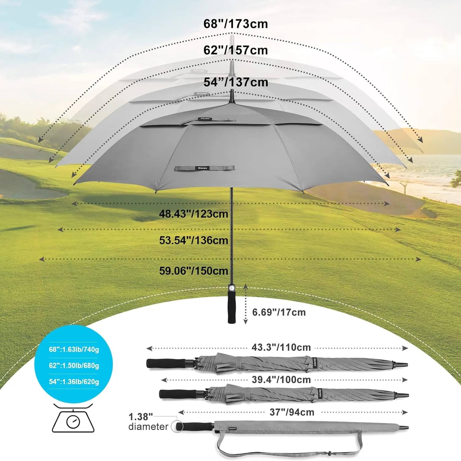 Gonex 54/62/68/72/80 Inch Extra Large Golf Umbrella, Automatic Open Travel Rain Umbrella with Windproof Water Resistant Double Canopy, Oversize Vented Umbrellas for 2-3 Men and UV Protection, Multiple Colors