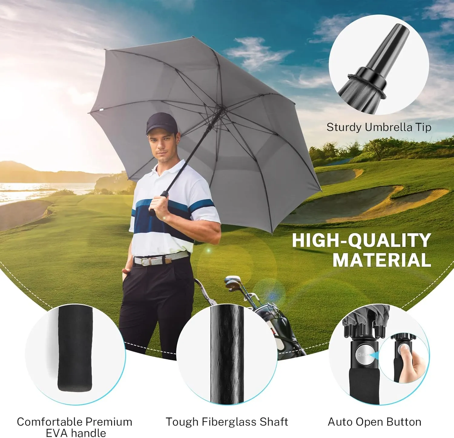 Gonex 54/62/68/72/80 Inch Extra Large Golf Umbrella, Automatic Open Travel Rain Umbrella with Windproof Water Resistant Double Canopy, Oversize Vented Umbrellas for 2-3 Men and UV Protection, Multiple Colors