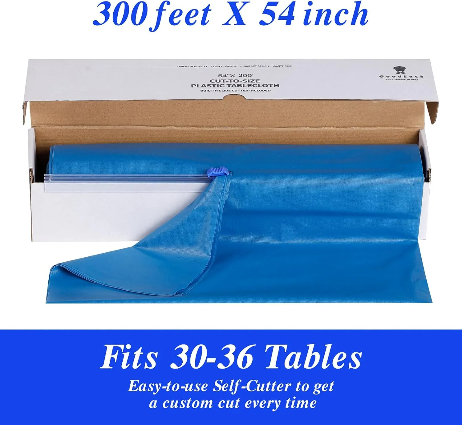 Goodluck 54 Inch X 300 Feet Plastic Table Cloths with Cutter Box, Blue Disposable Table Cover Roll, Plastic Tablecloth for Party, Banquet, Wedding, Birthday, Anniversary