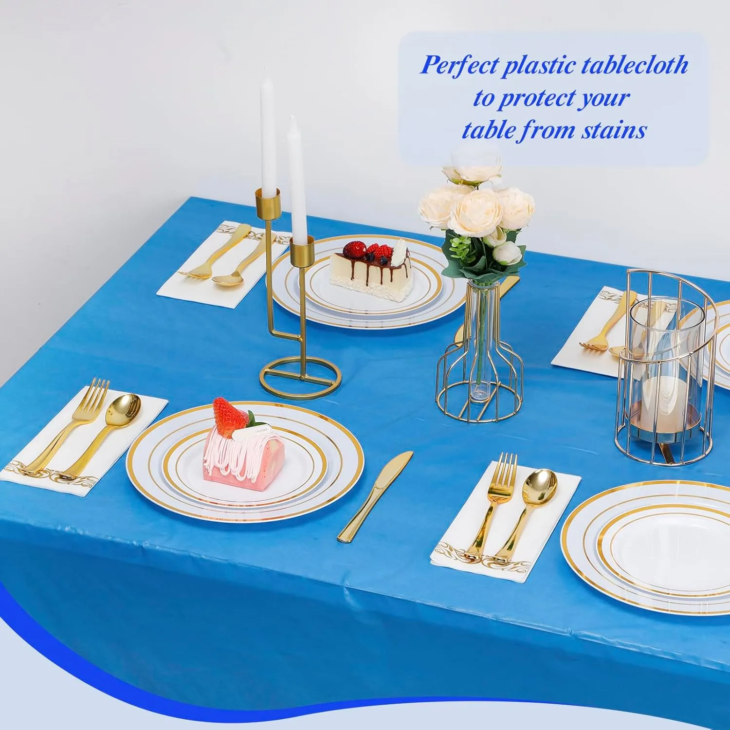 Goodluck 54 Inch X 300 Feet Plastic Table Cloths with Cutter Box, Blue Disposable Table Cover Roll, Plastic Tablecloth for Party, Banquet, Wedding, Birthday, Anniversary