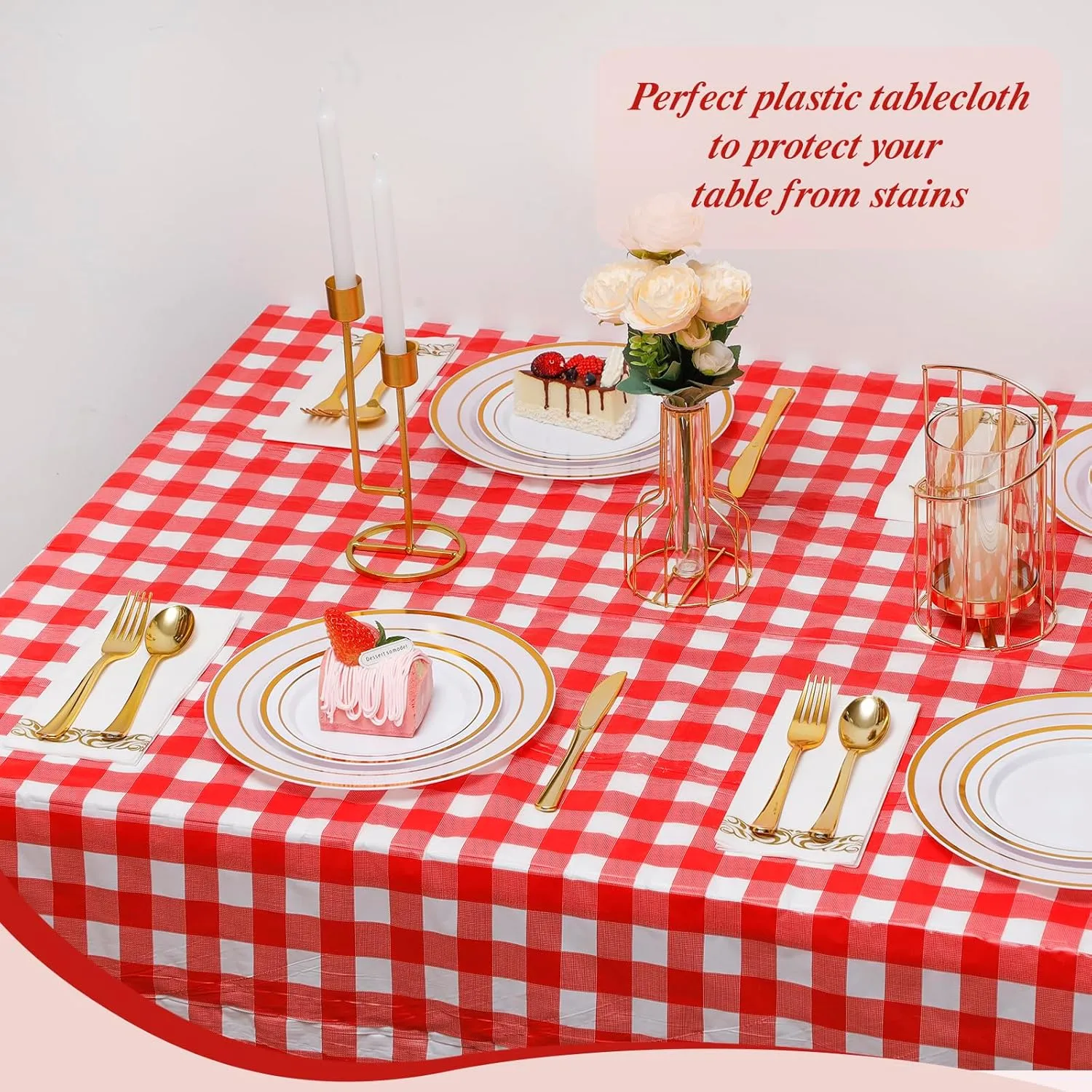Goodluck 54 Inch X 300 Feet Plastic Table Cloths with Cutter Box, Red Checkered Disposable Table Cover Roll, Plastic Tablecloth for Party, Wedding, Birthday, Anniversary, Thanksgiving, Christmas