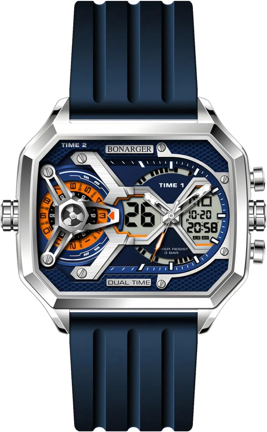 Gosasa Men's Dual Display Sports Watch – Military Multi-Function Fashion Wristwatch with Silicone Band Large Square Waterproof Men Watch Outdoor Tactical Style with Chronograph, Date, Alarm