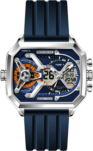 Gosasa Men's Dual Display Sports Watch – Military Multi-Function Fashion Wristwatch with Silicone Band Large Square Waterproof Men Watch Outdoor Tactical Style with Chronograph, Date, Alarm