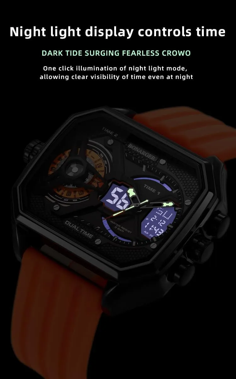 Gosasa Men's Dual Display Sports Watch – Military Multi-Function Fashion Wristwatch with Silicone Band Large Square Waterproof Men Watch Outdoor Tactical Style with Chronograph, Date, Alarm