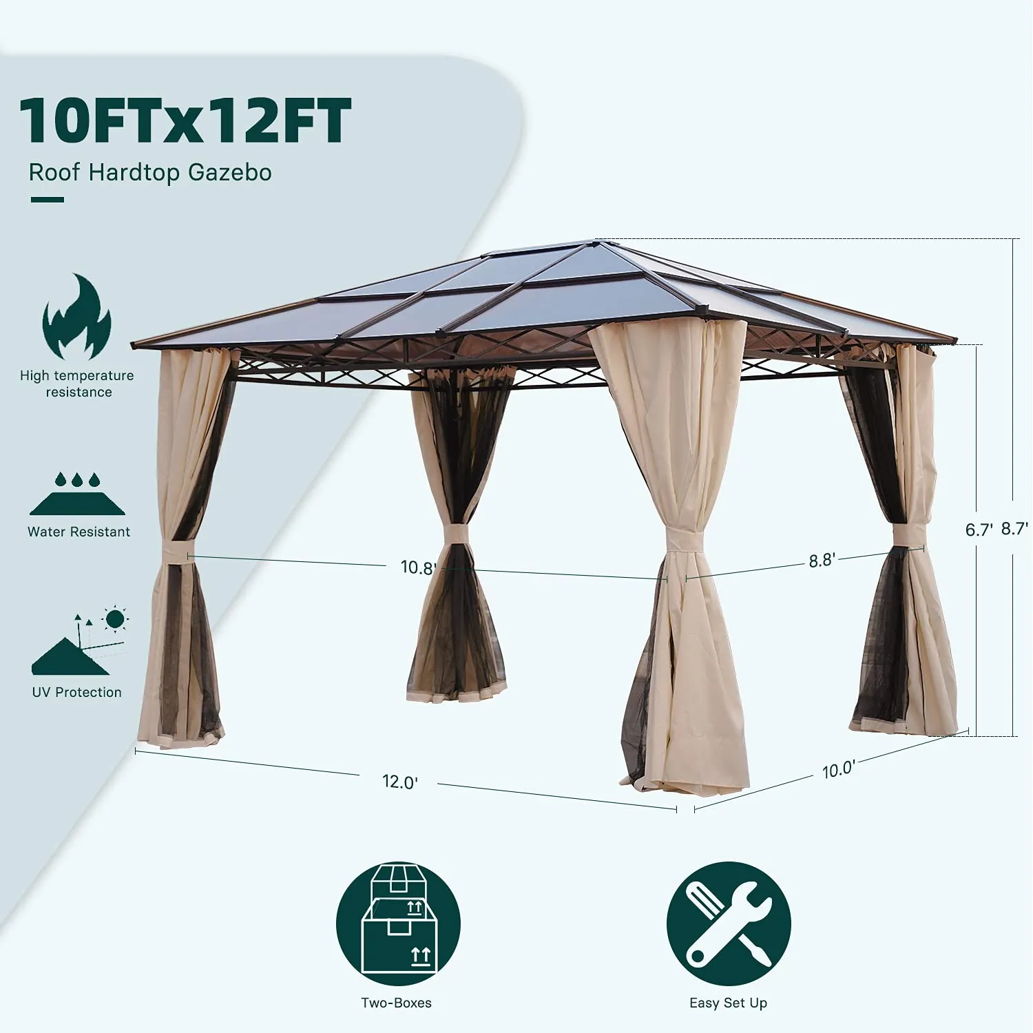 Grand patio 10x12 Gazebo, Hardtop Gazebo, Single Roof Pergolas Metal Aluminum Frame UV 50  Outdoor Canopy with Mosquito Netting and Curtains, Outdoor Shelter for Garden, Lawn, Backyard
