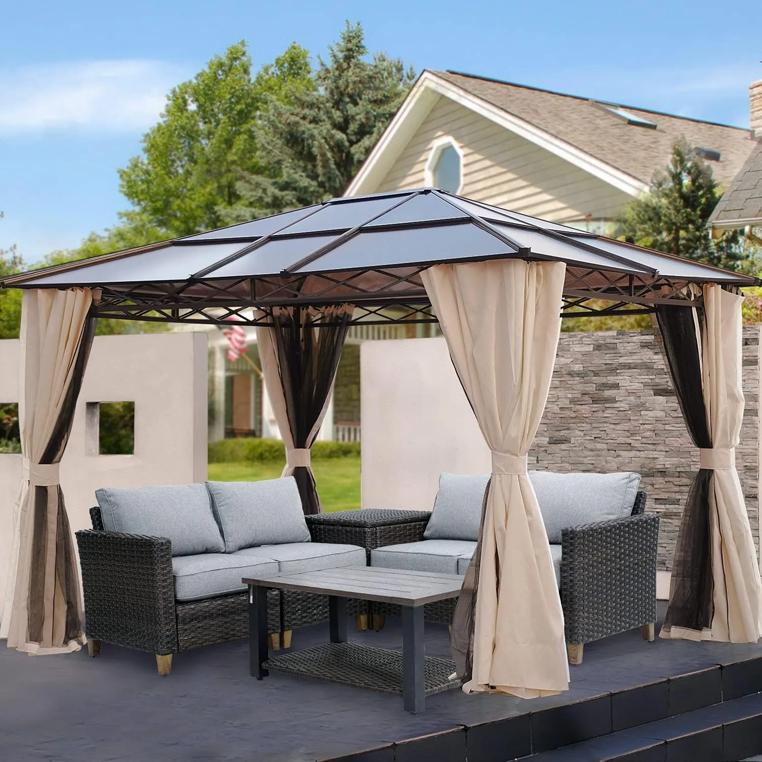 Grand patio 10x12 Gazebo, Hardtop Gazebo, Single Roof Pergolas Metal Aluminum Frame UV 50  Outdoor Canopy with Mosquito Netting and Curtains, Outdoor Shelter for Garden, Lawn, Backyard