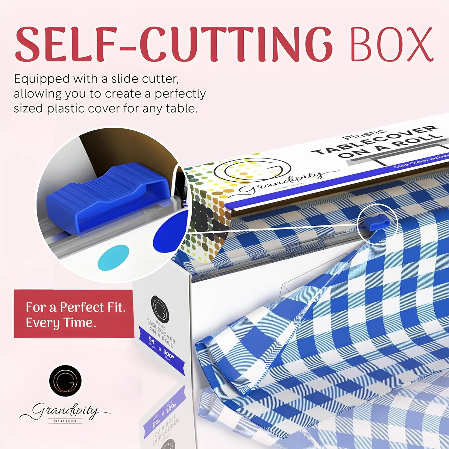 Grandipity Plastic Tablecloth Roll - 54" x300' Blue Gingham Checkered Plastic Table Cloths for Parties | Disposable with Cutter Box - Cut to Size Disposable Plastic Tablecloth for Rectangle & Round