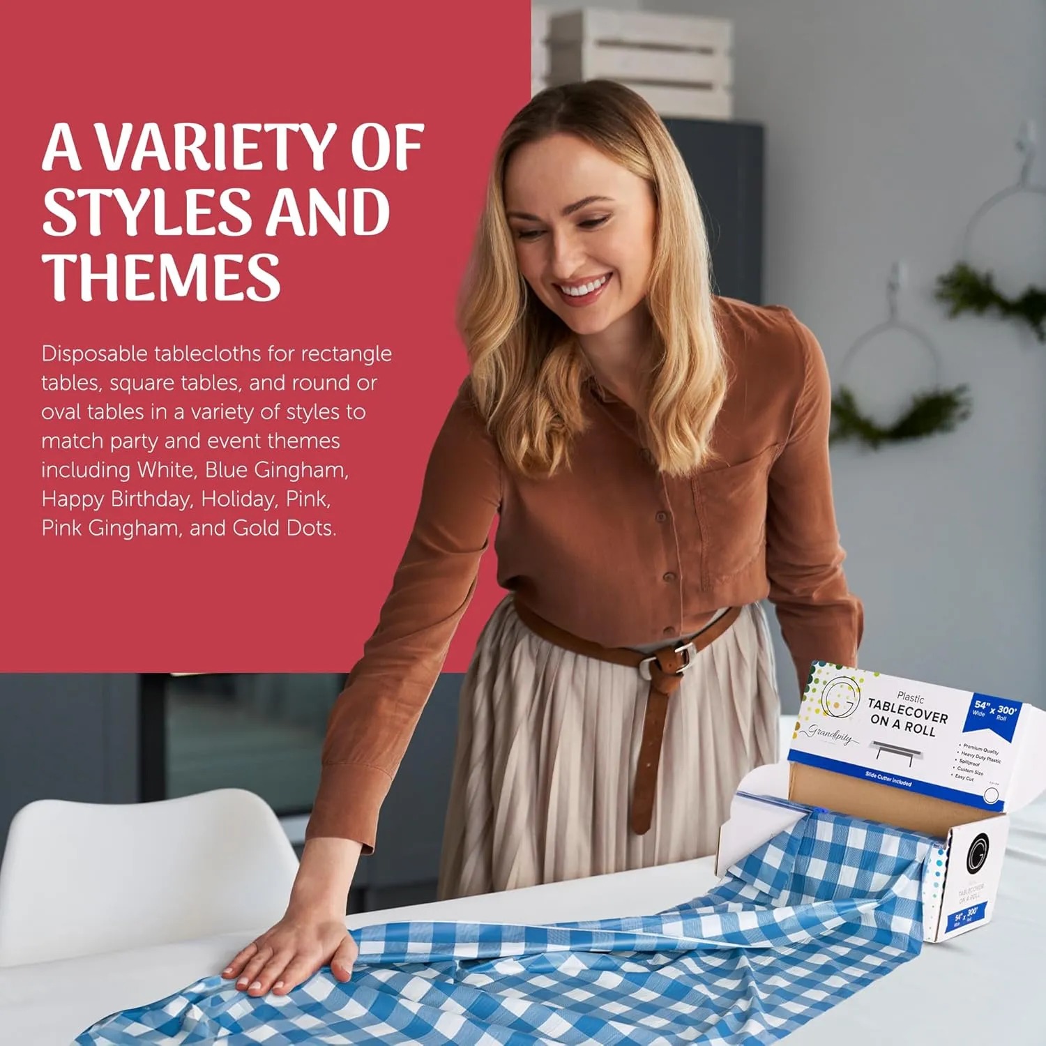 Grandipity Plastic Tablecloth Roll - 54" x300' Blue Gingham Checkered Plastic Table Cloths for Parties | Disposable with Cutter Box - Cut to Size Disposable Plastic Tablecloth for Rectangle & Round
