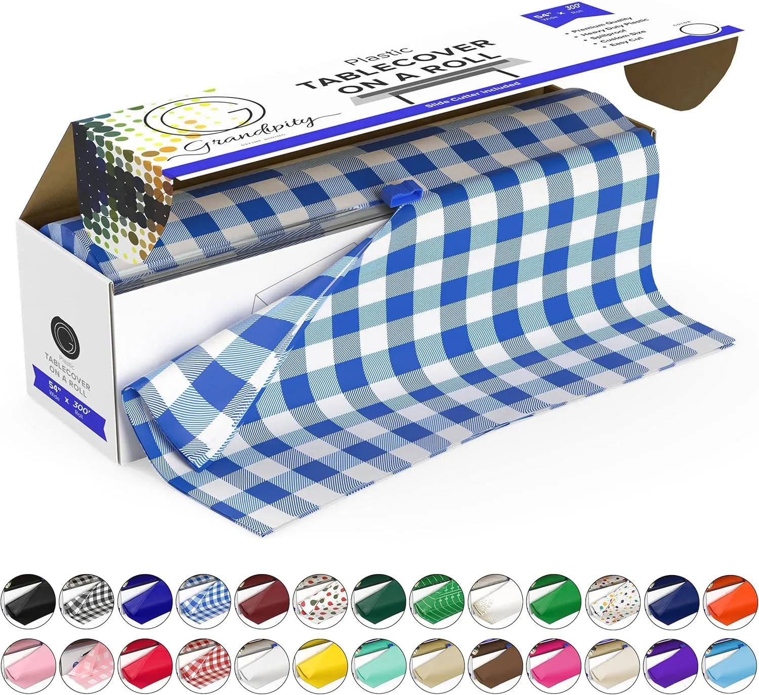 Grandipity Plastic Tablecloth Roll - 54" x300' Blue Gingham Checkered Plastic Table Cloths for Parties | Disposable with Cutter Box - Cut to Size Disposable Plastic Tablecloth for Rectangle & Round
