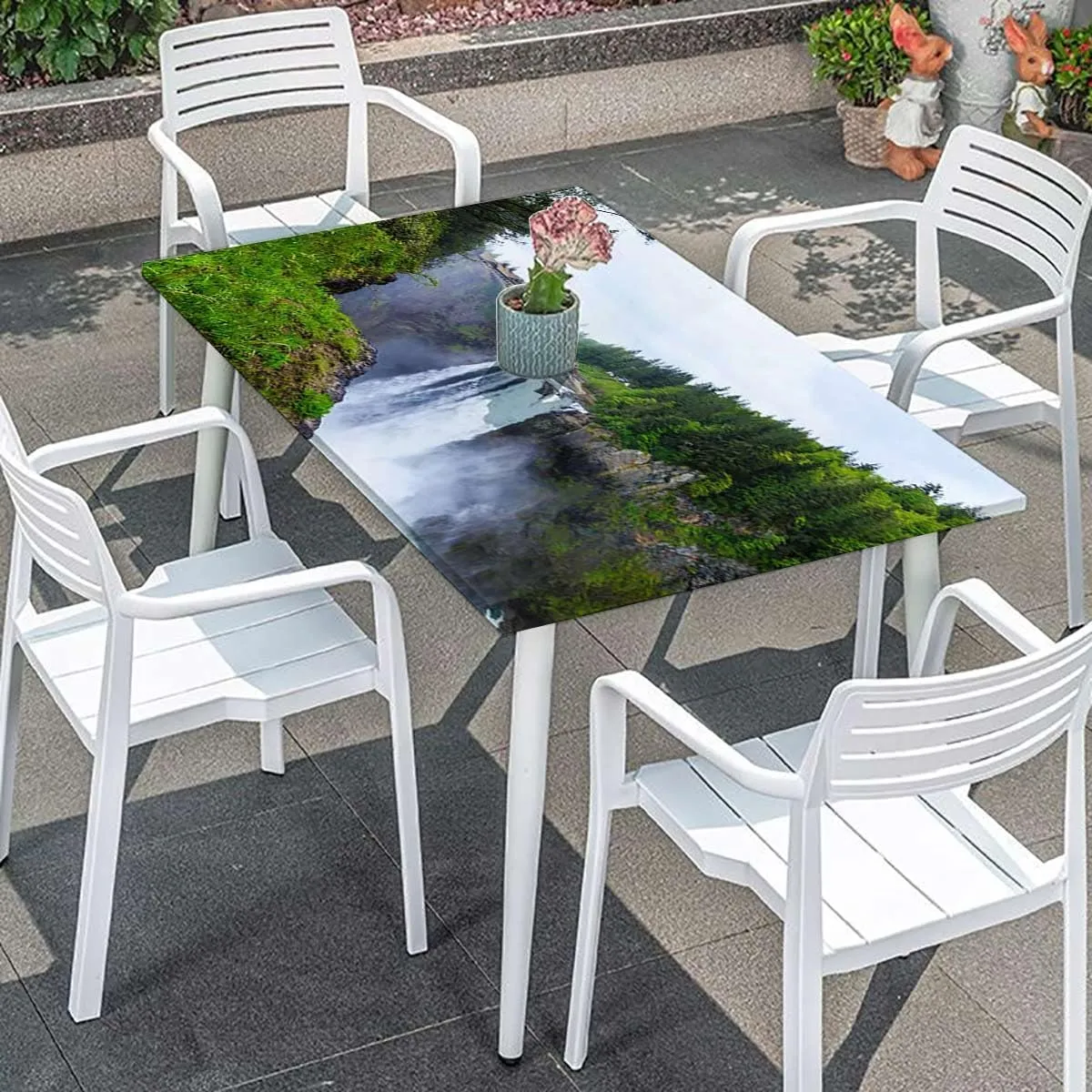 Green Elastic Edge Fitted Table Cloth, Park Alpine Forest Natural Scenic Rectangular Fitted Picnic Folding Table Cover Outdoor tablecloths Farm House Decor Fits up 5 Foot Tables